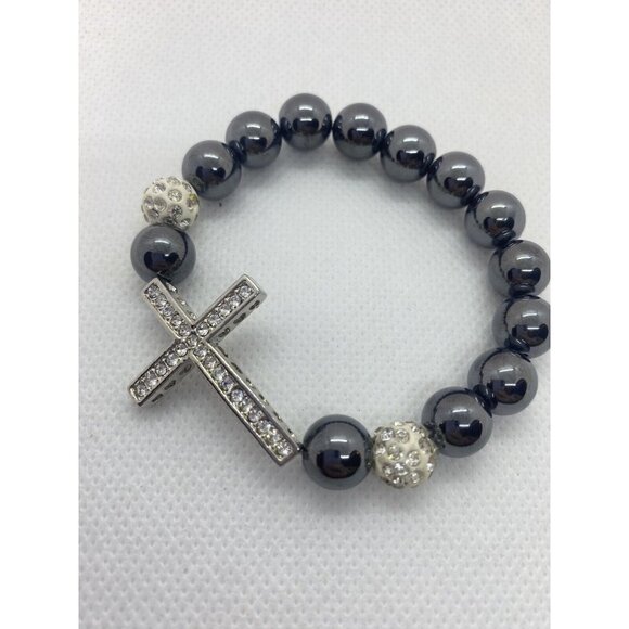 Black/Sliver Beaded Rhinestones Crucifix Religious Expandable pair of Bracelets - Picture 2 of 8